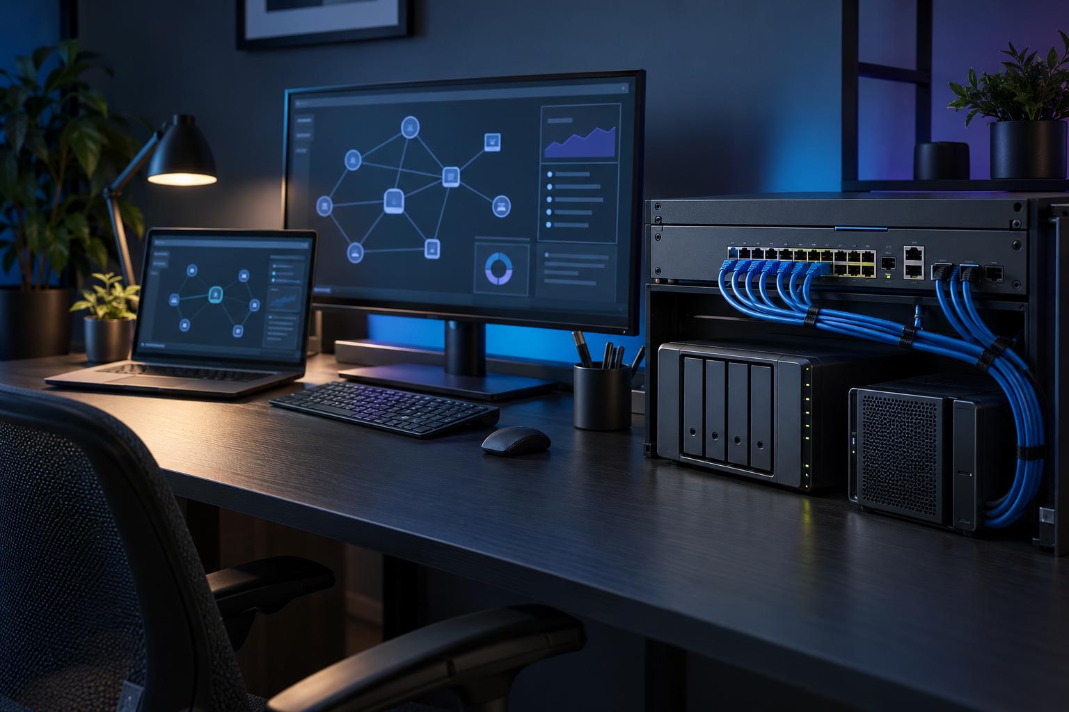 Network equipment, servers and a computer displaying software in a modern IT workspace